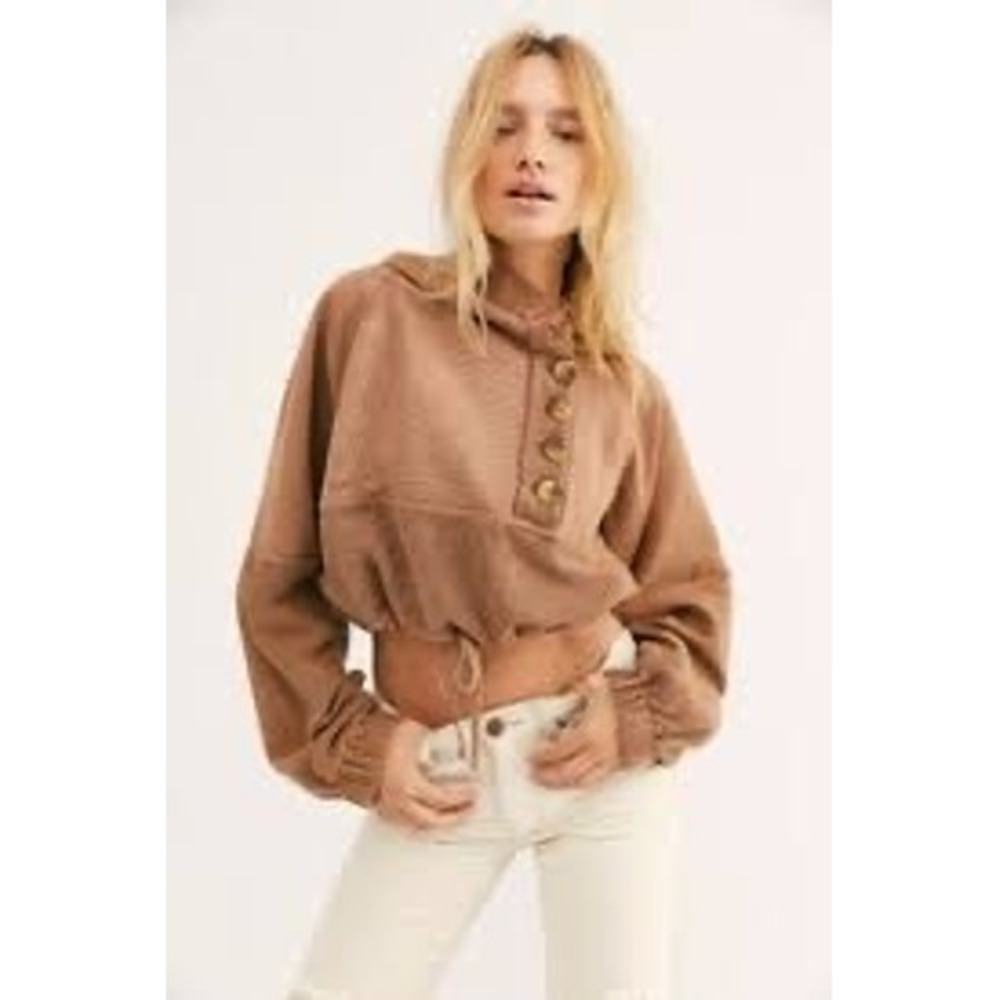 Free People Movement Cropped Henley Hoodie Brown Cotton Sweatshirt Womens Medium